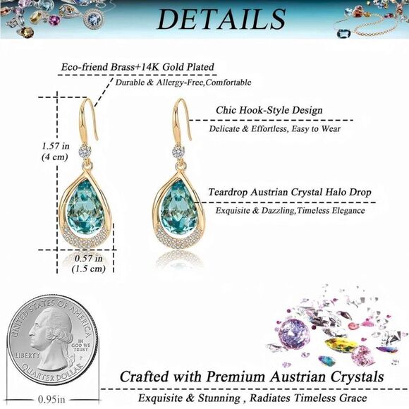 14K Yellow Gold and Aquamarine Blue Austrian Crystal Teardrop Halo Hook Earrings - Picture 4 of 6